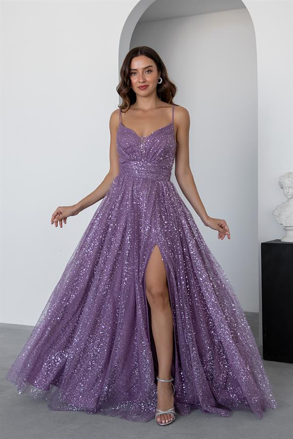 Uzun Işıltılı Abiye - LİLA