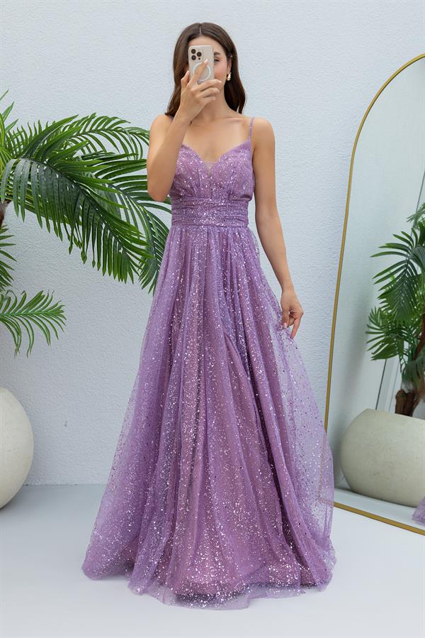 Uzun Işıltılı Abiye - LİLA