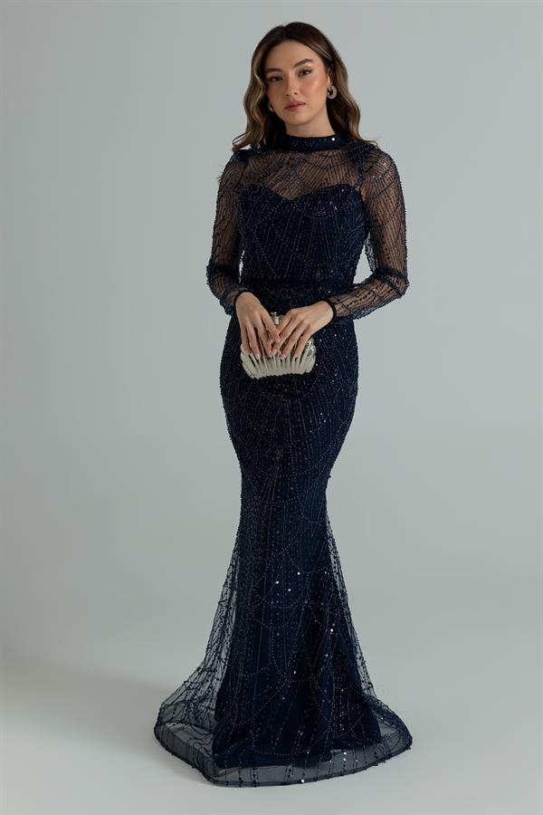 Uzun Kol Transparan Boncuklu Abiye - LACİVERT