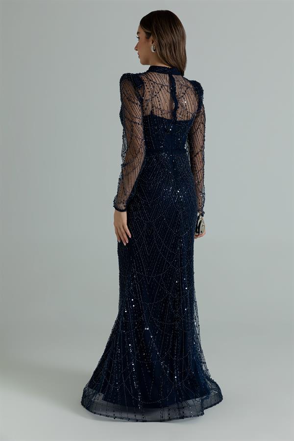 Uzun Kol Transparan Boncuklu Abiye - LACİVERT