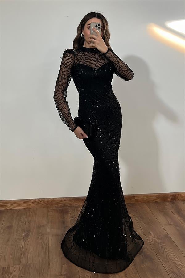 Uzun Kol Transparan Boncuklu Abiye - SİYAH