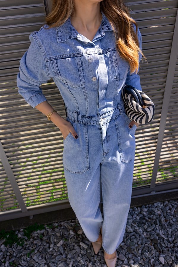 Uzun Kollu Denim Tulum - MAVİ