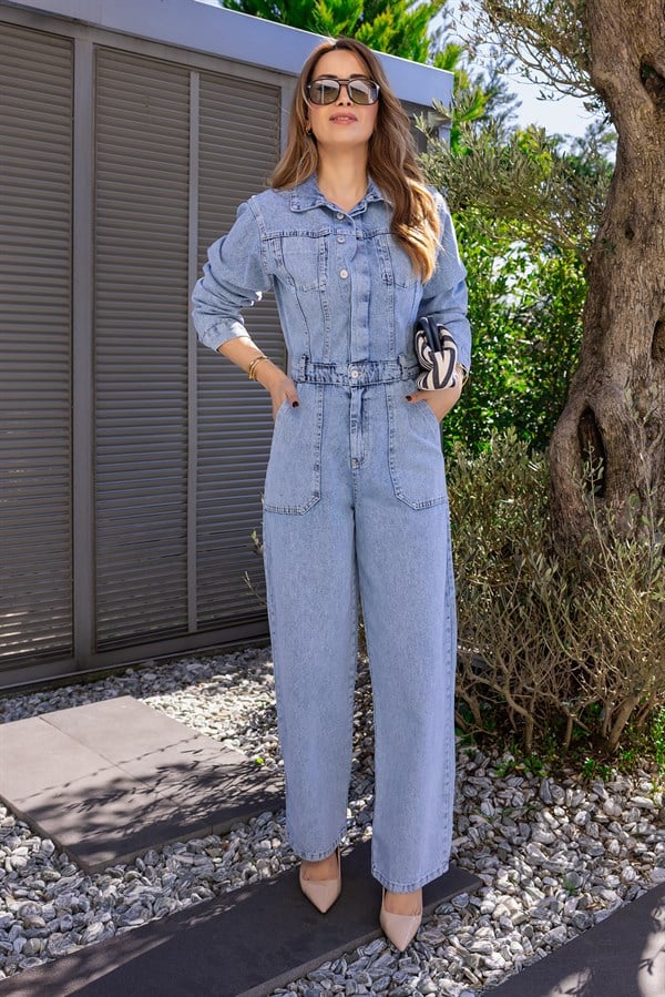 Uzun Kollu Denim Tulum - MAVİ