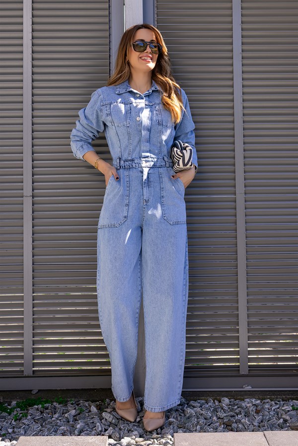 Uzun Kollu Denim Tulum - MAVİ