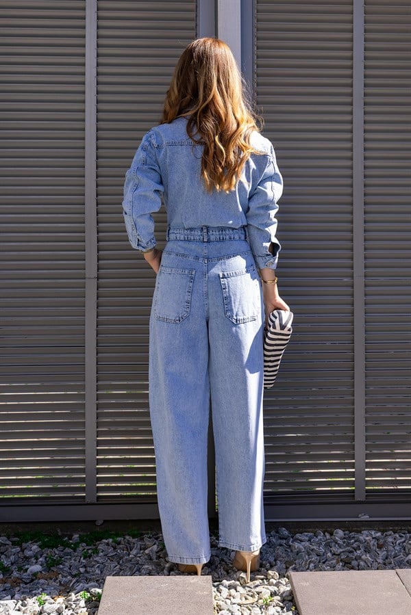 Uzun Kollu Denim Tulum - MAVİ