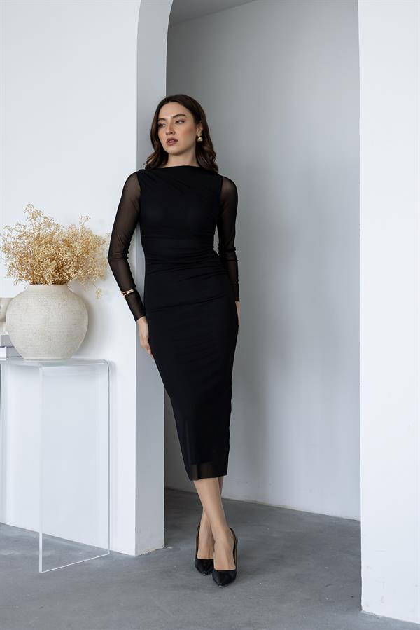 Long Sleeve Tulle Dress - Black