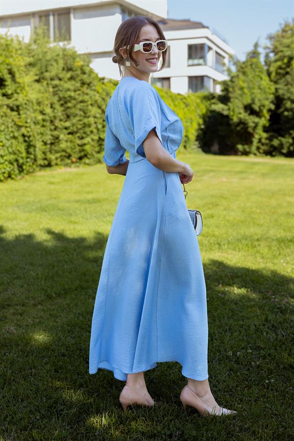 V Yaka Cepli Elbise - BEBE MAVİSİ