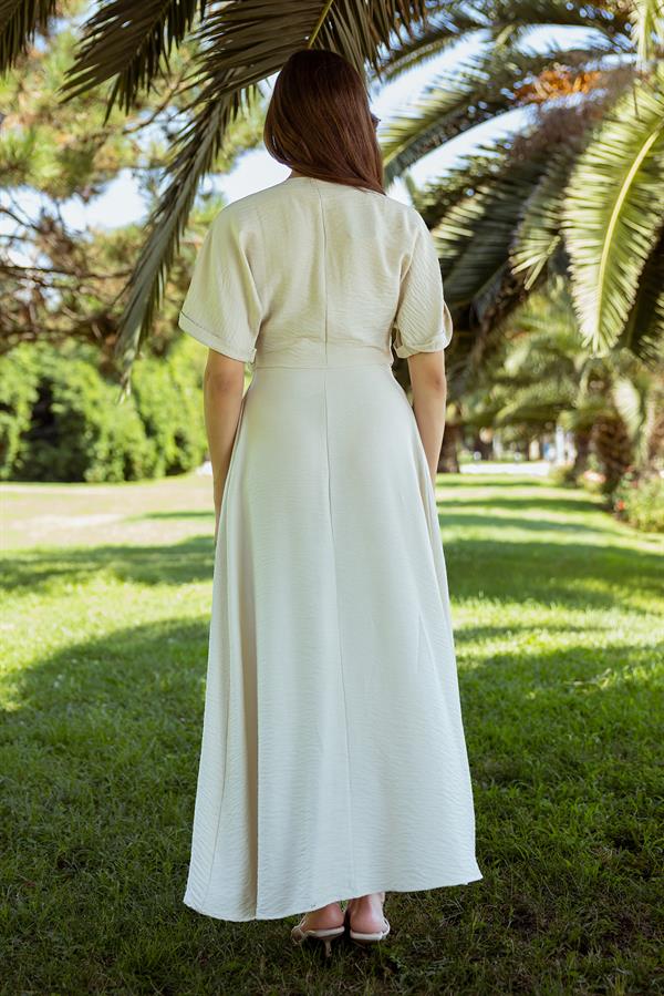 V Yaka Cepli Elbise - BEJ