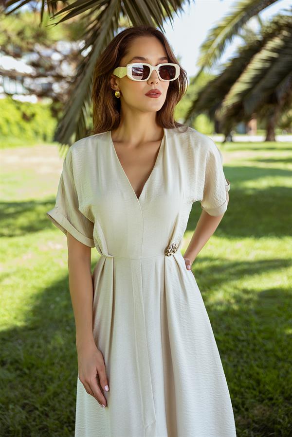 V Yaka Cepli Elbise - BEJ