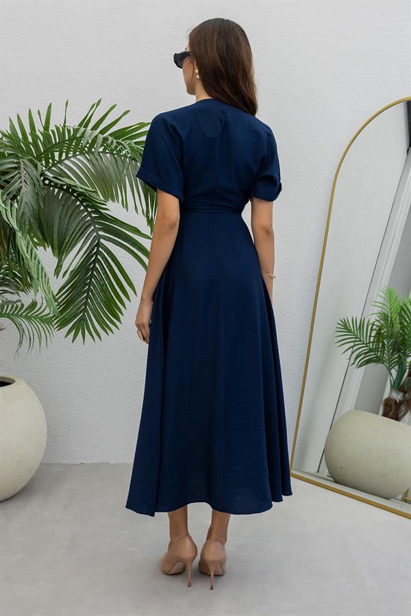 V Yaka Cepli Elbise - LACİVERT