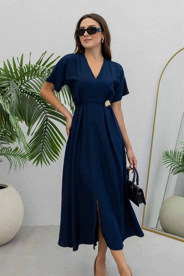 V Yaka Cepli Elbise - LACİVERT