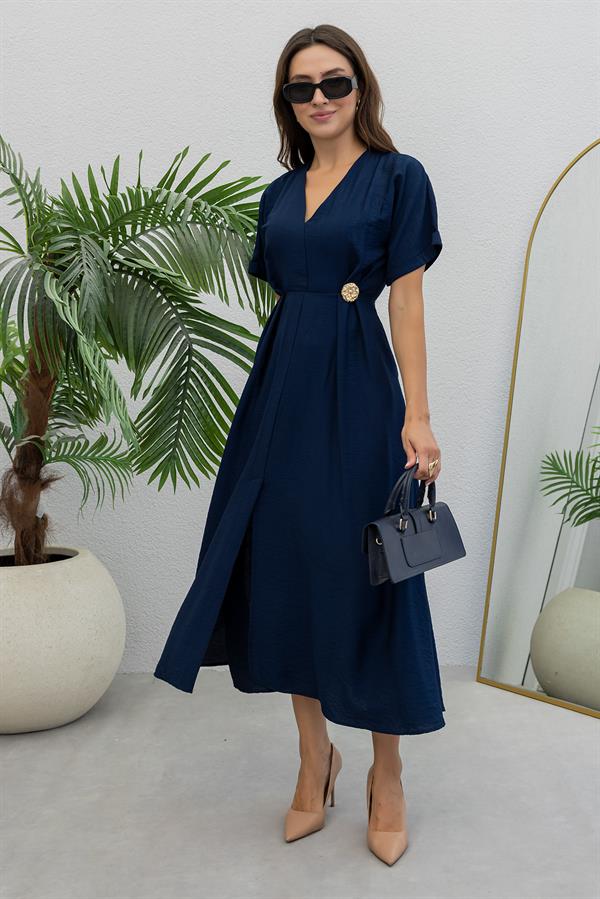 V Yaka Cepli Elbise - LACİVERT