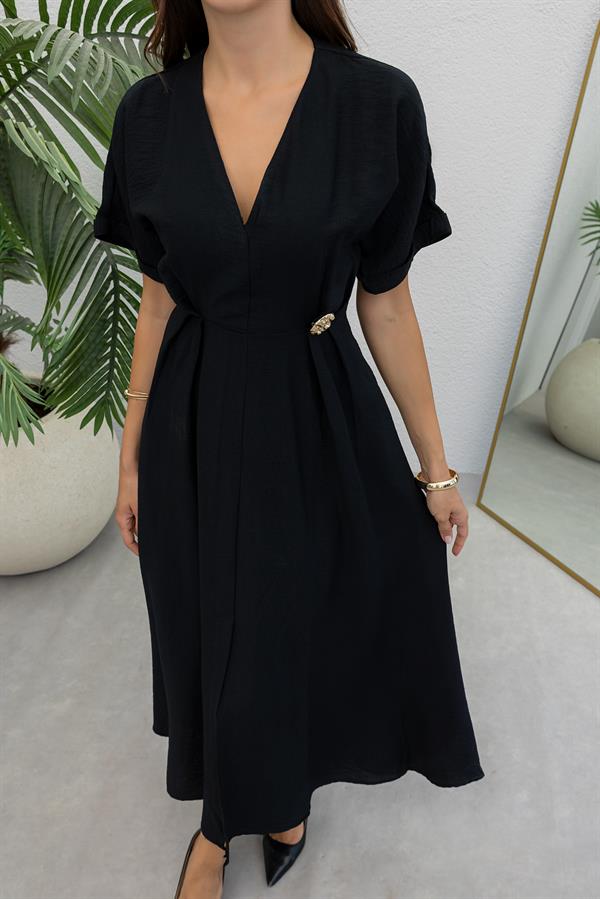 V Yaka Cepli Elbise - SİYAH