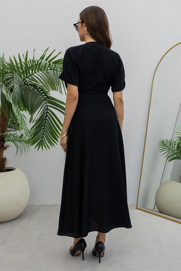 V Yaka Cepli Elbise - SİYAH