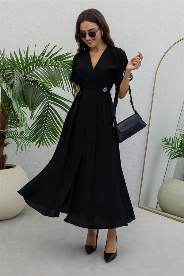 V Yaka Cepli Elbise - SİYAH