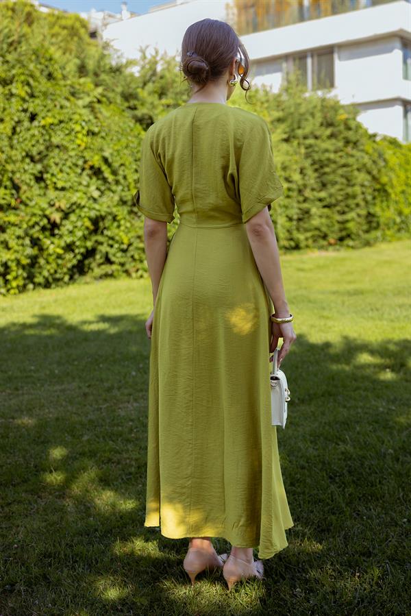 V Yaka Cepli Elbise - YAĞ YEŞİLİ