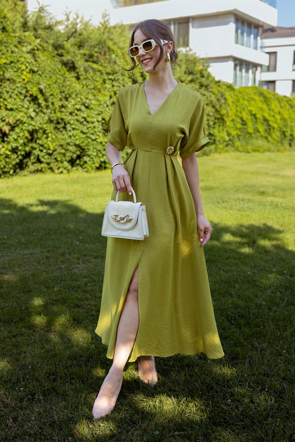 V Yaka Cepli Elbise - YAĞ YEŞİLİ