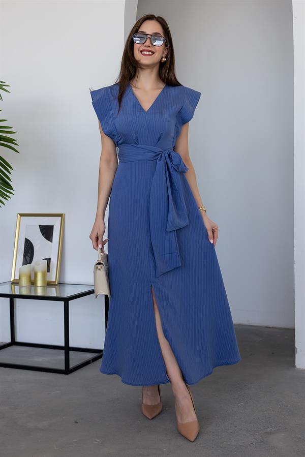 V Yaka Çizgili Elbise - İNDİGO