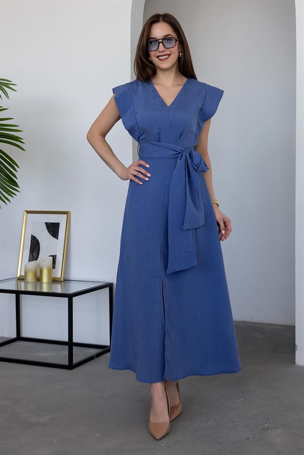 V Yaka Çizgili Elbise - İNDİGO