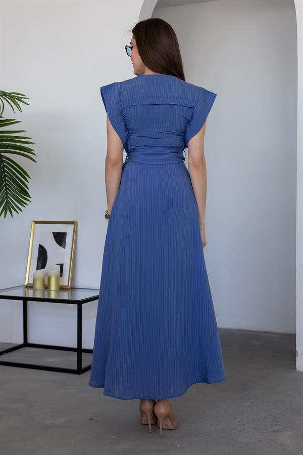 V Yaka Çizgili Elbise - İNDİGO