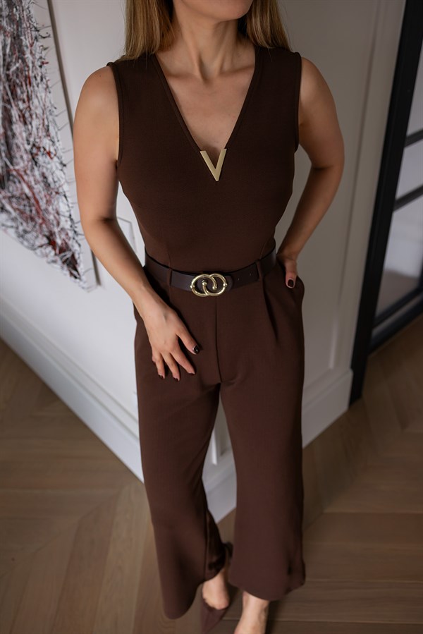 V Yaka Kemerli Tulum - KAHVERENGİ