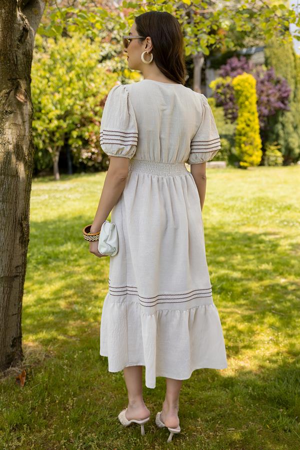 V Yaka Keten Elbise - TAŞ