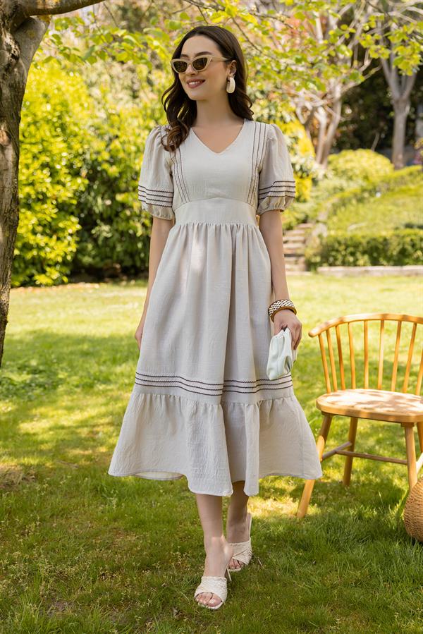 V Yaka Keten Elbise - TAŞ