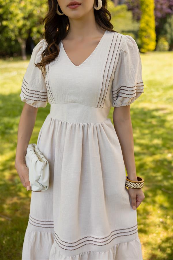 V Yaka Keten Elbise - TAŞ