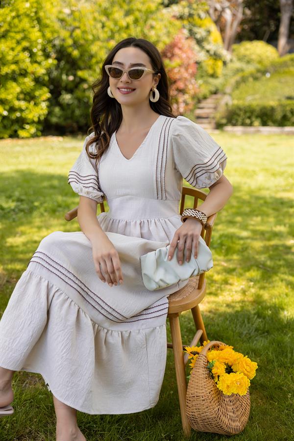 V Yaka Keten Elbise - TAŞ