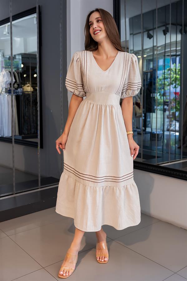 V Yaka Keten Elbise - TAŞ