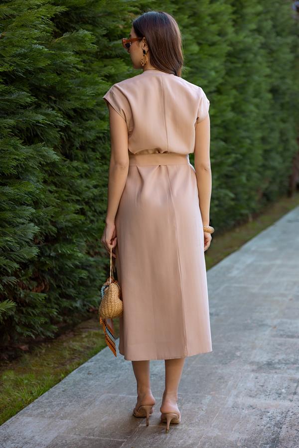 V Yaka Kuşaklı Elbise - KREM