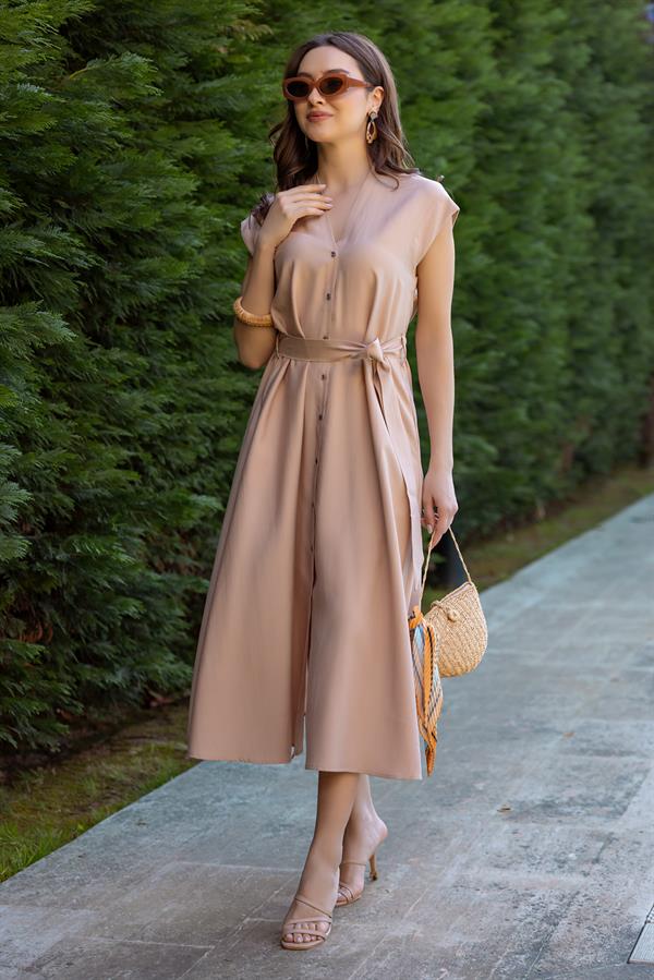 V Yaka Kuşaklı Elbise - KREM