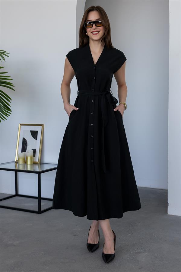 V Yaka Kuşaklı Elbise - SİYAH