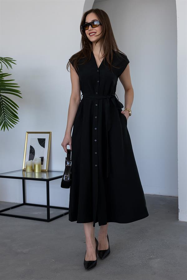 V Yaka Kuşaklı Elbise - SİYAH