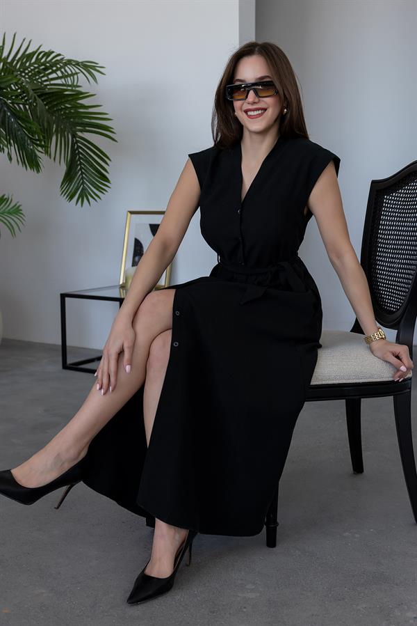 V Yaka Kuşaklı Elbise - SİYAH