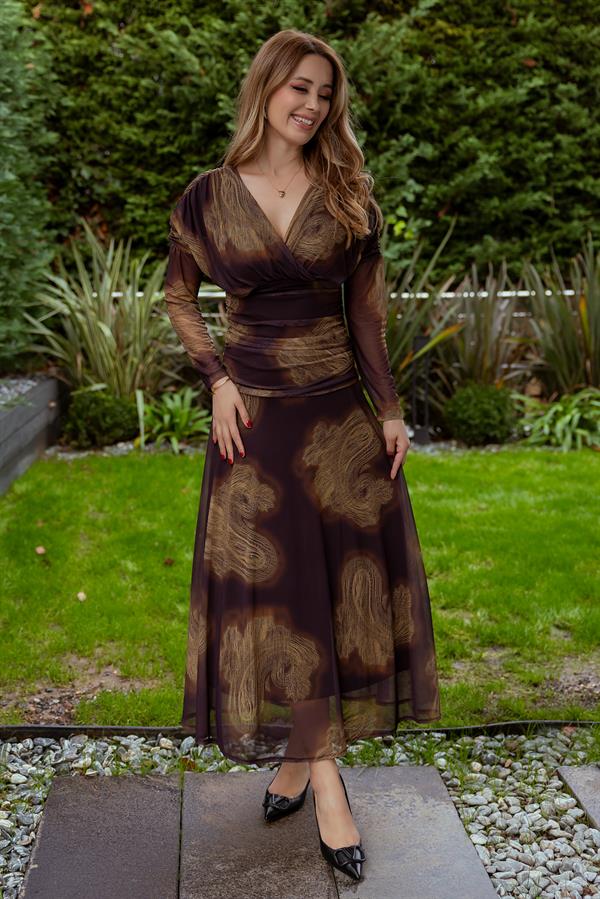 V Yaka Maxi Boy Elbise - KAHVERENGİ