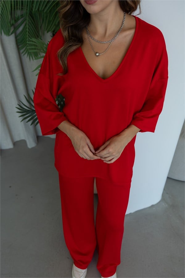 V Yaka Oversize Modal Takım - KIRMIZI