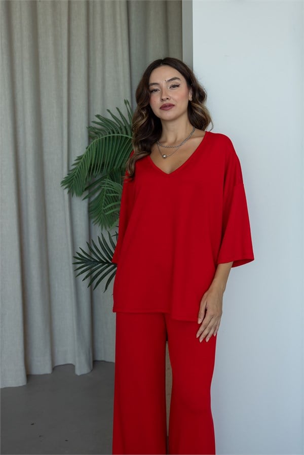 V Yaka Oversize Modal Takım - KIRMIZI