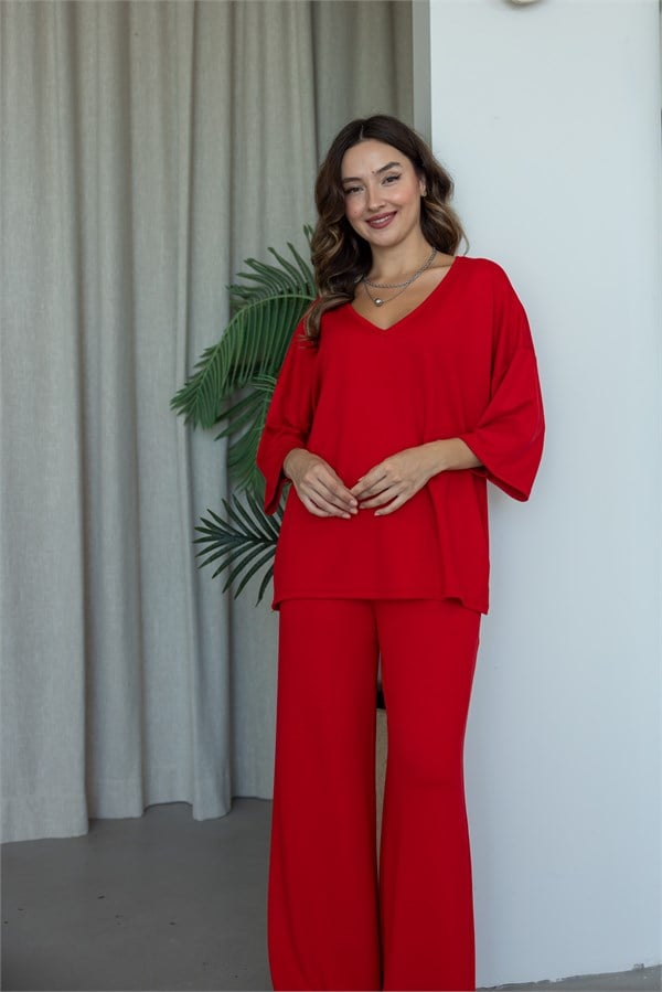 V Yaka Oversize Modal Takım - KIRMIZI