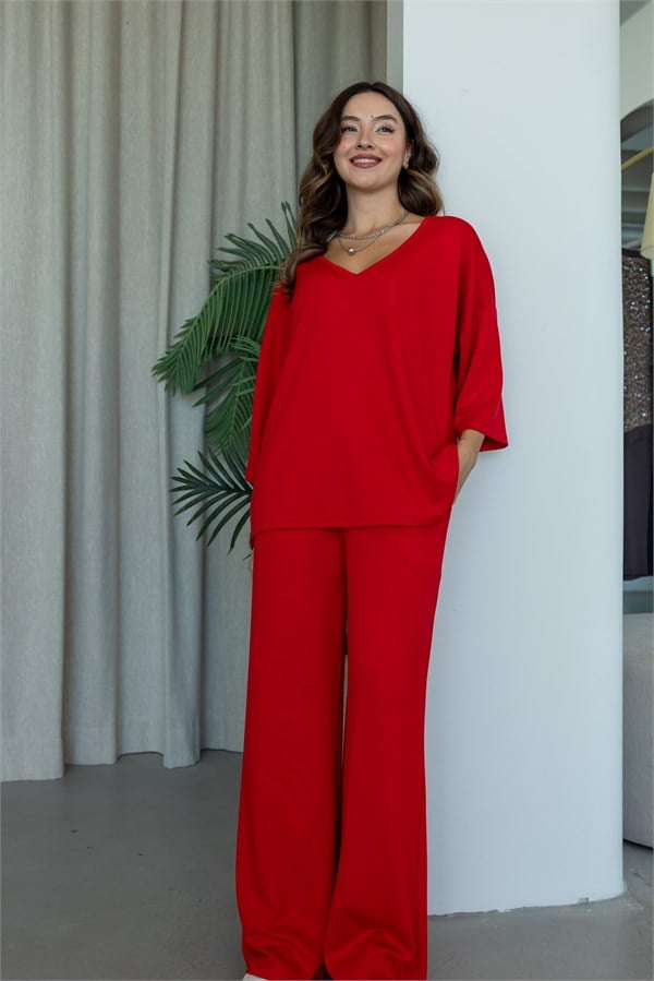 V Yaka Oversize Modal Takım - KIRMIZI