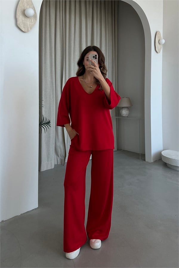 V Yaka Oversize Modal Takım - KIRMIZI