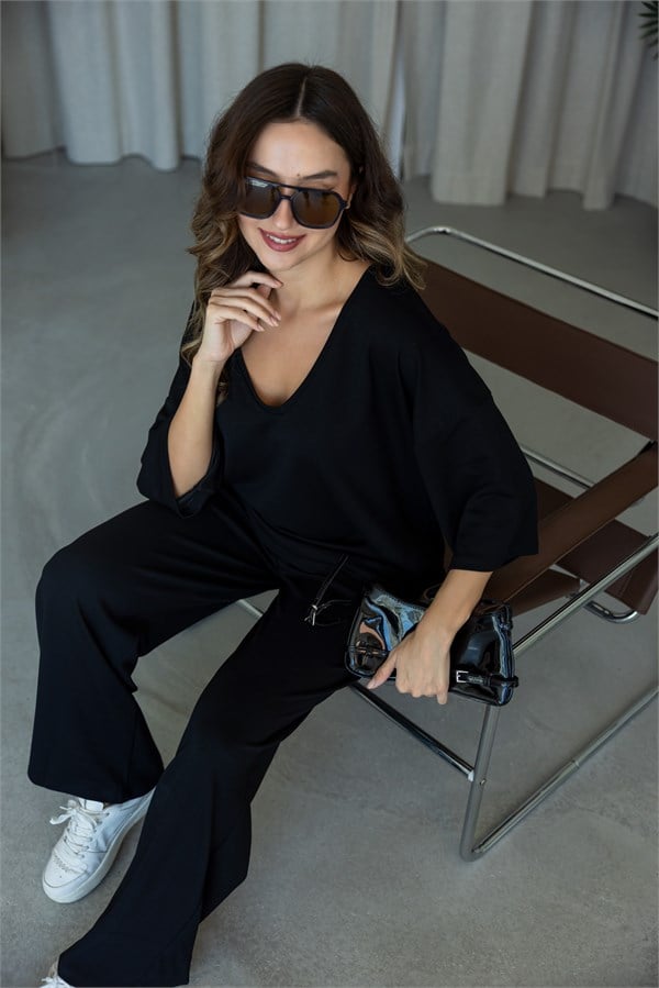 V Yaka Oversize Modal Takım - SİYAH
