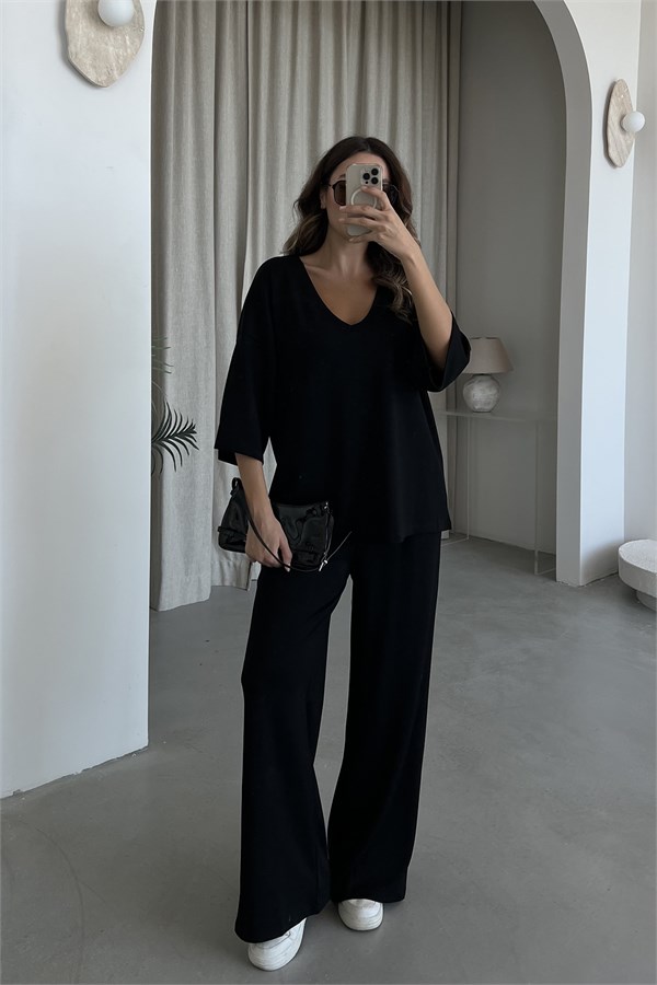 V Yaka Oversize Modal Takım - SİYAH
