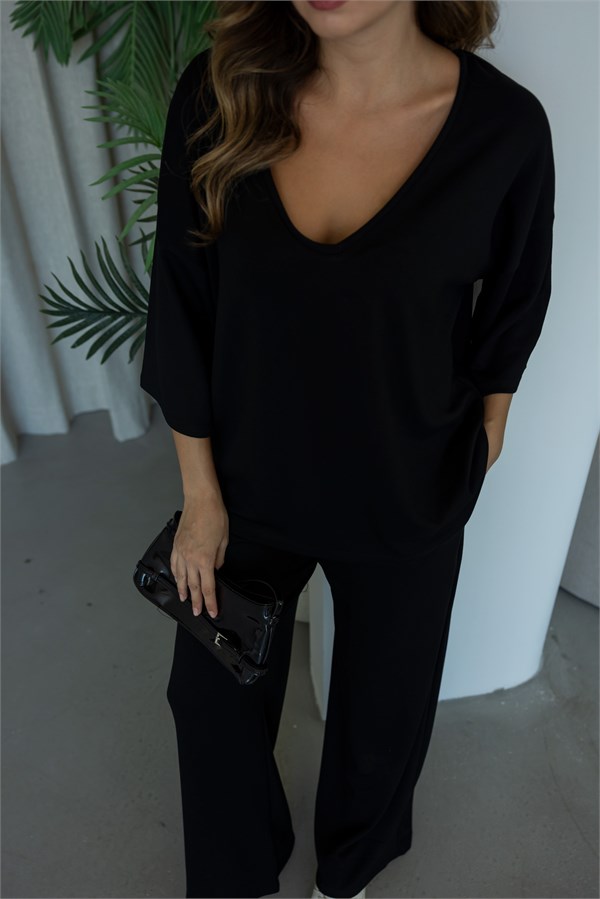 V Yaka Oversize Modal Takım - SİYAH