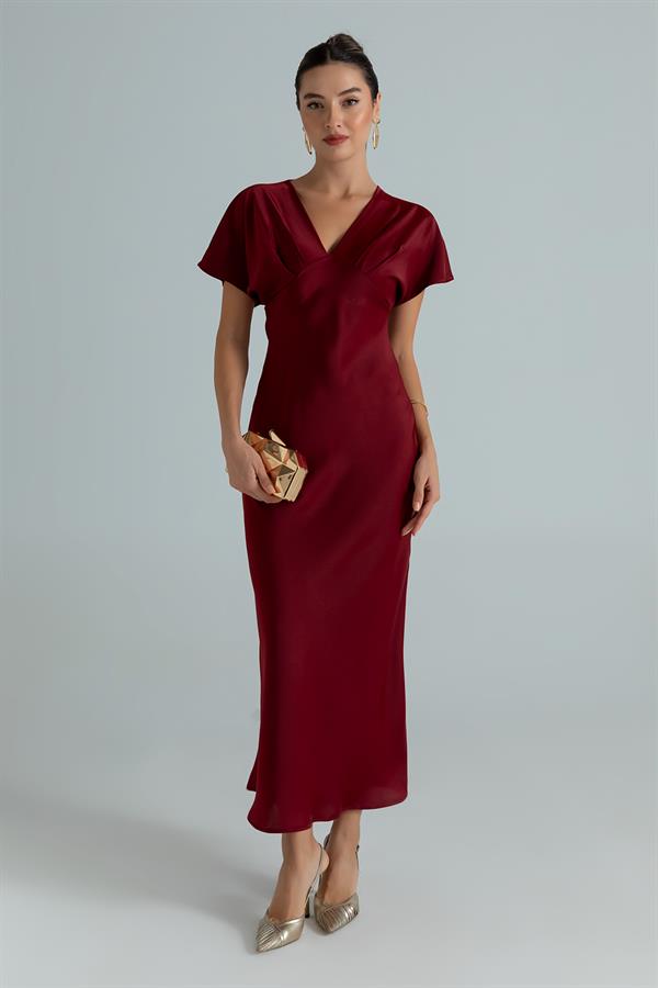 V Yaka Saten Elbise - BORDO