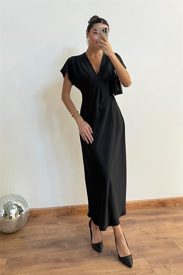 V Yaka Saten Elbise - SİYAH