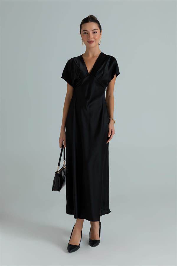 V Yaka Saten Elbise - SİYAH