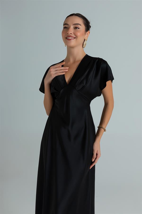 V Yaka Saten Elbise - SİYAH
