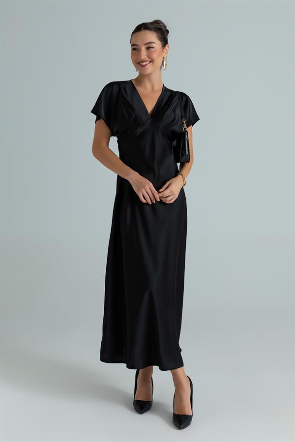 V Yaka Saten Elbise - SİYAH
