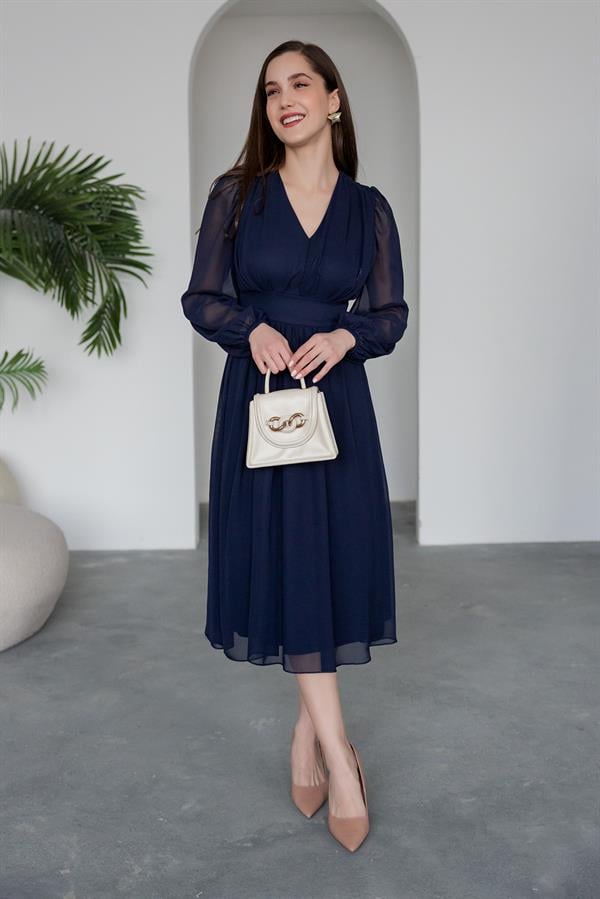 V-Neck Chiffon Dress - Navy Blue